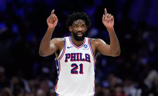 Philadelphia 76ers' Joel Embiid reacts during the second half of Game 6 in a first-round NBA basketball playoff series against the Boston Celtics Thursday, April 30, 2026, in Philadelphia. (AP Photo/Matt Slocum)