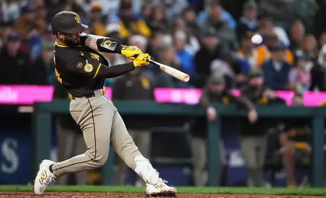 San Diego Padres' Rodolfo Durán hits a two-run home run against the Seattle Mariners during the seventh inning of a baseball game, Saturday, May 16, 2026, in Seattle. (AP Photo/Lindsey Wasson)