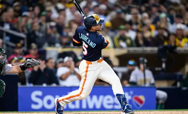 San Diego Padres' Ramón Laureano hits a home run during the seventh inning of a baseball game against the Athletics, Friday, May 22, 2026, in San Diego. (AP Photo/William Liang)