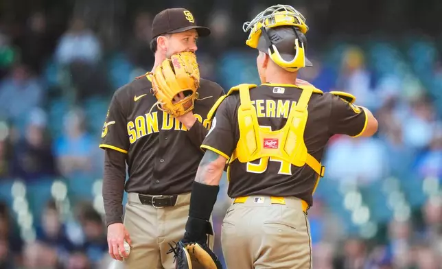 San Diego Padres pitcher Griffin Canning, left, talks with catcher Freddy Fermin, right, during the first inning of a baseball game against the Milwaukee Brewers, Thursday, May 14, 2026, in Milwaukee. (AP Photo/Kayla Wolf)