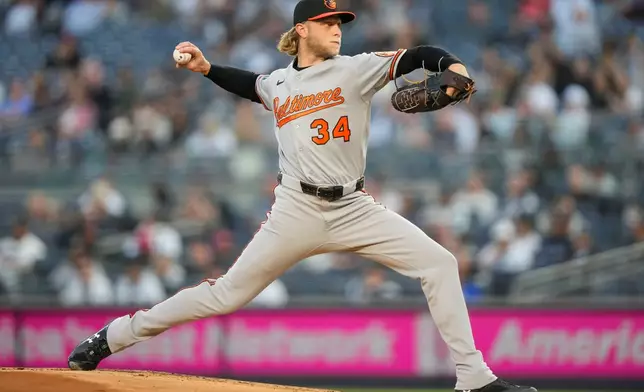 Baltimore Orioles starting pitcher Shane Baz throws during the first inning of a baseball game against New York Yankees, Monday, May 4, 2026, in New York. (AP Photo/Yuki Iwamura)