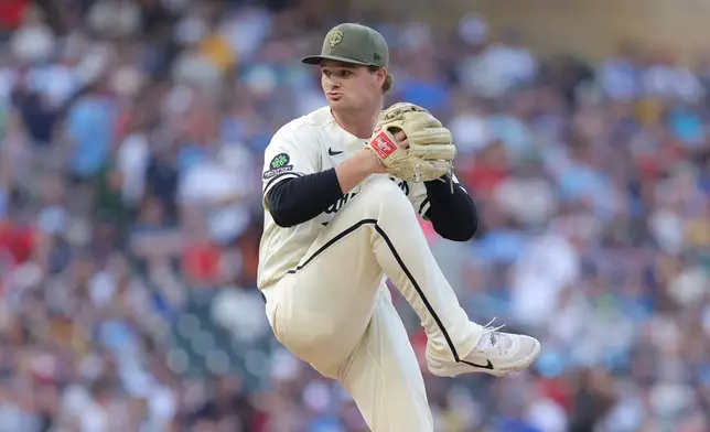 Minnesota Twins starting pitcher Connor Prielipp winds up to deliver during the fifth inning of a baseball game against the Milwaukee Brewers, Saturday, May 16, 2026, in Minneapolis. (AP Photo/Bailey Hillesheim)