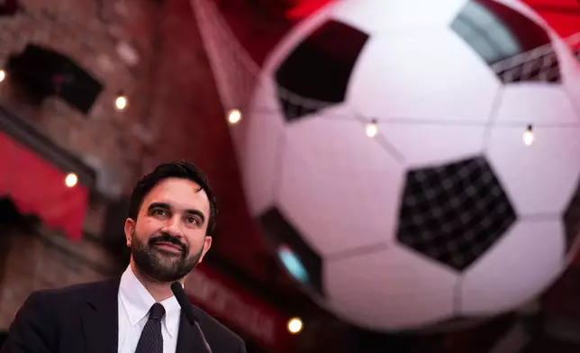 New York Mayor Zohran Mamdani makes a World Cup soccer announcement at Harlem Tavern, Thursday, May 21, 2026 in New York. (AP Photo/Adam Gray)