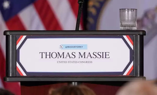 An empty glass is seen after Rep. Thomas Massie, R-Ky., spoke during an election night watch party after losing the Republican party's nomination at the Marriott Cincinnati Airport, Tuesday, May 19, 2026, in Hebron, Ky. (AP Photo/Carolyn Kaster)