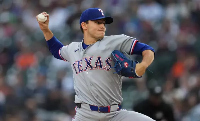 Texas Rangers pitcher Jack Leiter throws against the Detroit Tigers during the first inning of a baseball game Sunday, May 3, 2026, in Detroit. (AP Photo/Paul Sancya)