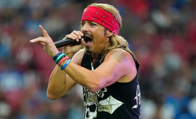 FILE - Singer Brett Michaels performs at halftime of an NFL football game between the Detroit Lions and the Arizona Cardinals in Glendale, Ariz., Sept. 8, 2019. (AP Photo/Rick Scuteri, File)