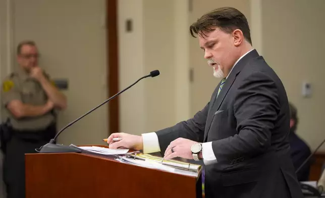 Attorney Brent Salazar-Hall, representing Dakota Mortensen, speaks during a hearing regarding protective orders between Taylor Frankie Paul and Mortensen in Third District Court in Salt Lake City, Thursday, April 30, 2026. (Bethany Baker/The Salt Lake Tribune via AP, Pool)