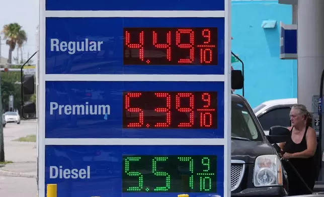 Gas prices are displayed at a Marathon gas station in Miami, Tuesday, May 12, 2026. (AP Photo/Marta Lavandier)