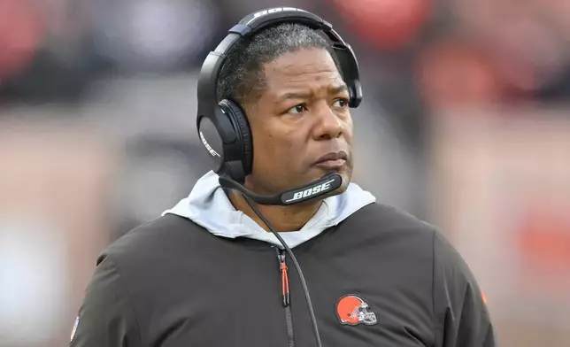 FILE - Cleveland Browns defensive coordinator Steve Wilks walks on the sideline during an NFL football game against the Cincinnati Bengals, Sunday, Dec. 8, 2019, in Cleveland. (AP Photo/David Richard)