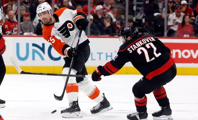 Philadelphia Flyers' Rasmus Ristolainen (55) moves the puck past Carolina Hurricanes' Logan Stankoven (22) during the first period of Game 1 of an NHL hockey Stanley Cup second-round playoff series in Raleigh, N.C., Saturday, May 2, 2026. (AP Photo/Karl DeBlaker)