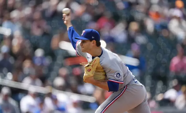 Texas Rangers starting pitcher Jack Leiter works against the Colorado Rockies in the fifth inning of a baseball game Wednesday, May 20, 2026, in Denver. (AP Photo/David Zalubowski)