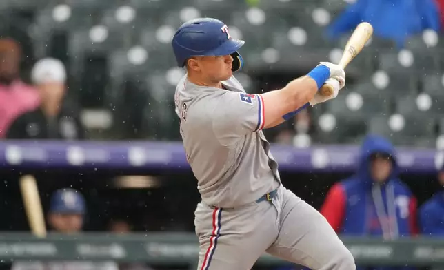 Texas Rangers' Josh Jung hits an RBI single to drive in the go-ahead run off Colorado Rockies pitcher Juan Mejia in the ninth inning of a baseball game Wednesday, May 20, 2026, in Denver. (AP Photo/David Zalubowski)