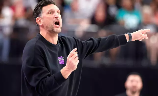 Phoenix Mercury head coach Nate Tibbetts calls to players during the first half of an WNBA basketball game against the Las Vegas Aces, Saturday, May 9, 2026, in Las Vegas. (Steve Marcus/Las Vegas Sun via AP)