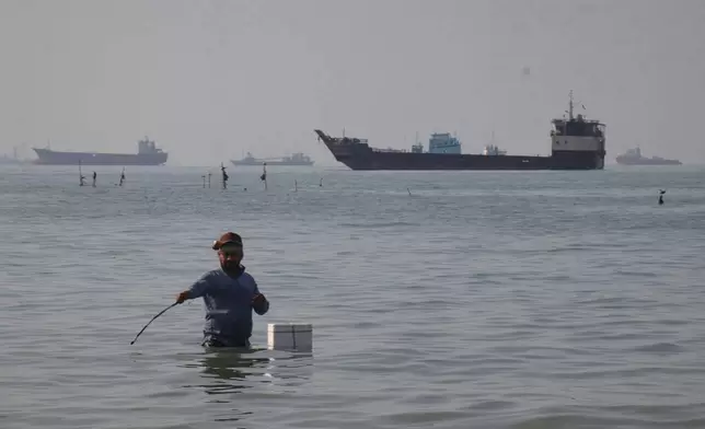 A man stands in the water, appearing to fish, as bulk carriers, cargo ships, and service vessels line the horizon in the Strait of Hormuz off Bandar Abbas, Iran, Monday, April 27, 2026.(Razieh Poudat/ISNA via AP)