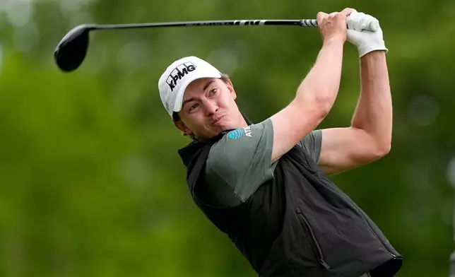 Maverick McNealy hits from the second tee during the second round of the PGA Championship golf tournament at Aronimink Golf Club, Friday, May 15, 2026, in Newtown Square, PA. (AP Photo/Matt Slocum)