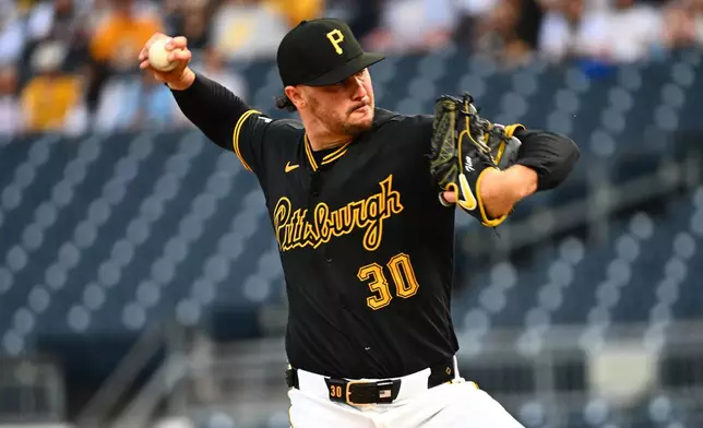 Pittsburgh Pirates pitcher Paul Skenes delivers during the first inning of a baseball game against the Colorado Rockies in Pittsburgh, Tuesday, May 12, 2026. (AP Photo/Justin Berl)