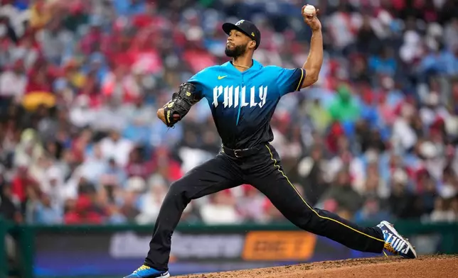 Philadelphia Phillies' Cristopher Sánchez pitches during the third inning of a baseball game against the Cleveland Guardians Friday, May 22, 2026, in Philadelphia. (AP Photo/Matt Slocum)