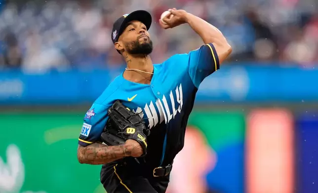 Philadelphia Phillies' Cristopher Sánchez pitches during the first inning of a baseball game against the Cleveland Guardians Friday, May 22, 2026, in Philadelphia. (AP Photo/Matt Slocum)