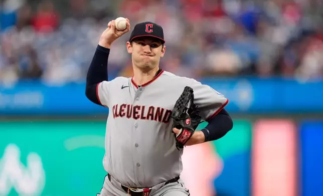 Cleveland Guardians' Gavin Williams pitches during the first inning of a baseball game against the Philadelphia Phillies Friday, May 22, 2026, in Philadelphia. (AP Photo/Matt Slocum)
