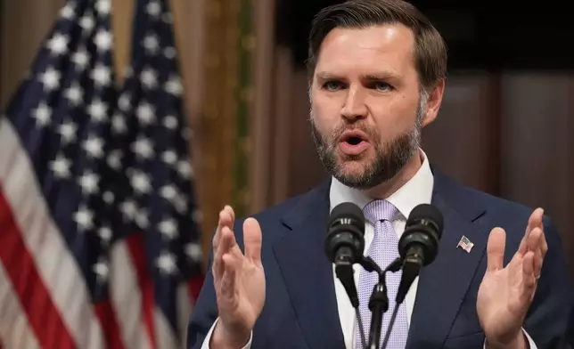 Vice President JD Vance speaks to the media from the Eisenhower Executive Office Building on the White House campus, Wednesday, May 13, 2026, in Washington. (AP Photo/Jacquelyn Martin)