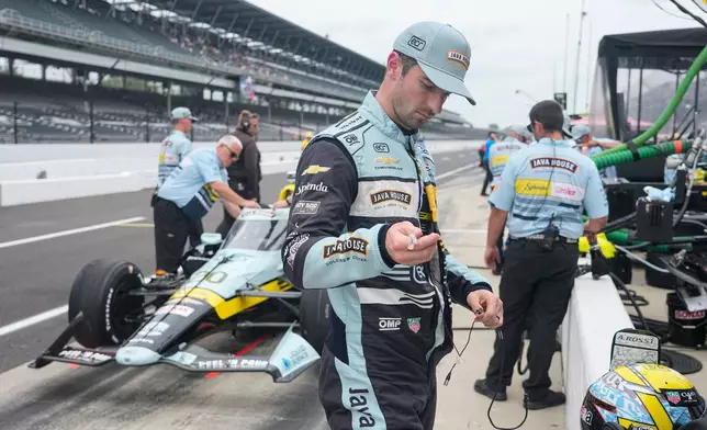 Alexander Rossi prepares too drive during practice for the Indianapolis 500 auto race at the Indianapolis Motor Speedway in Indianapolis, Monday, May 18, 2026. (AP Photo/Michael Conroy)