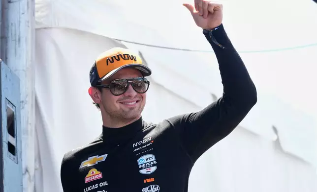 FILE - Pato O'Ward is introduced before an IndyCar auto race, Aug. 31, 2025, at Nashville Superspeedway in Lebanon, Tenn. (AP Photo/George Walker IV, File)