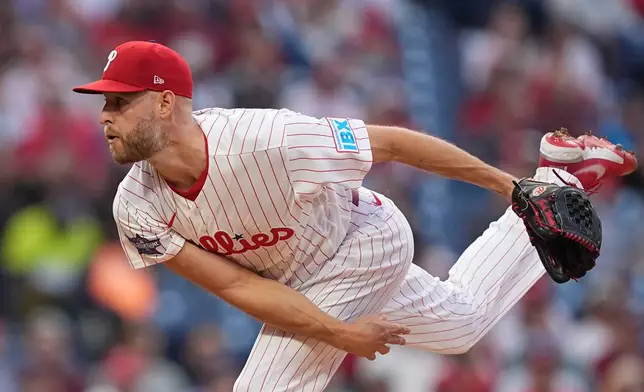 Philadelphia Phillies' Zack Wheeler pitches during the second inning of a baseball game against the Athletics, Wednesday, May 6, 2026, in Philadelphia. (AP Photo/Matt Rourke)