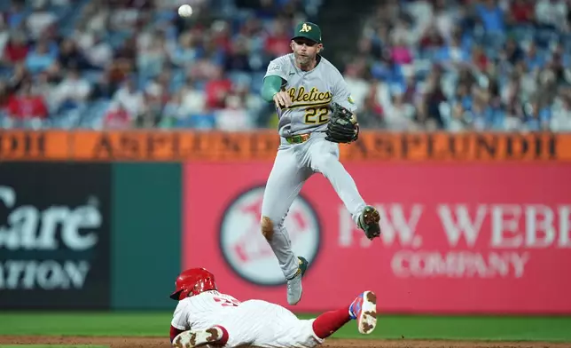 Philadelphia Phillies' Edmundo Sosa is out at second as Athletics second baseman Jeff McNeil attempts a double play during the sixth inning of a baseball game, Wednesday, May 6, 2026, in Philadelphia. (AP Photo/Matt Rourke)