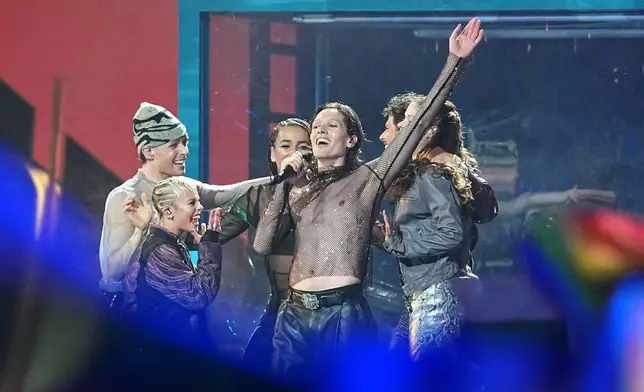 Soren Torpegaard Lund from Denmark performs the song "For Vi Gar Hjem" during the Grand Final of the 70th Eurovision Song Contest in Vienna, Austria, Saturday, May 16, 2026. (AP Photo/Martin Meissner)