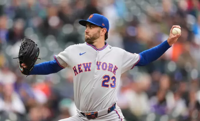 New York Mets relief pitcher David Peterson works against the Colorado Rockies in the fourth inning of a baseball game Monday, May 4, 2026, in Denver. (AP Photo/David Zalubowski)