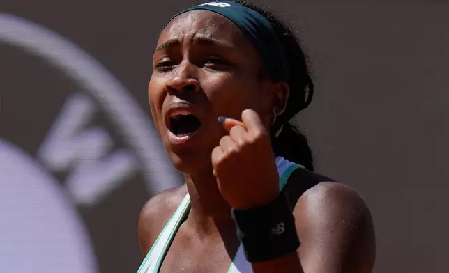 United States' Coco Gauff celebrates after winning the second set during her match against United States' Iva Jovic at the Italian Open tennis tournament in Rome, Monday, May 11, 2026. (AP Photo/Alessandra Tarantino)