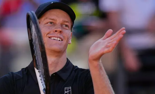 Italy's Jannik Sinner reacts after beating Australia's Alexei Popyrin 6-2, 6-0, after their match at the Italian Open tennis tournament in Rome, Monday, May 11, 2026. (AP Photo/Alessandra Tarantino)