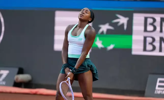 United States' Coco Gauff grimaces after missing a point as she plays against Ukraine's Elina Svitolina during their women's final match at the Italian Open tennis tournament in Rome, Saturday, May 16, 2026. (AP Photo/Alessandra Tarantino)
