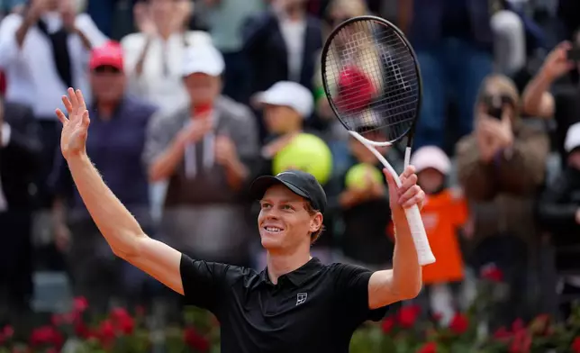 Italy's Jannik Sinner celebrates after winning against Daniil Medvedev of Russia during their semifinal match at the Italian Open tennis tournament in Rome, Saturday, May 16, 2026. (AP Photo/Alessandra Tarantino)