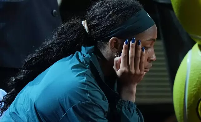 United States' Coco Gauff reacts after loosing against Ukraine's Elina Svitolina at the end of the women's final match at the Italian Open tennis tournament in Rome, Saturday, May 16, 2026. (AP Photo/Andrew Medichini)