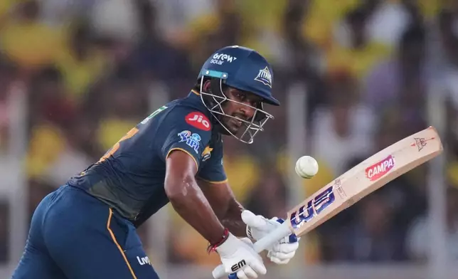 Gujarat Titans' Sai Sudharsan plays a shot during the Indian Premier League cricket match between Gujarat Titans and Chennai Super Kings in Ahmedabad, India, Thursday, May 21, 2026.(AP Photo/Ajit Solanki)