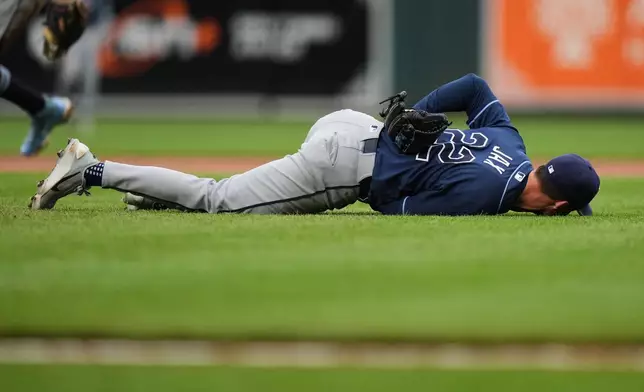 Tampa Bay Rays starting pitcher Griffin Jax (22) reacts after an injury during the second inning of a baseball game against the Baltimore Orioles, Tuesday, May 26, 2026, in Baltimore. (AP Photo/Stephanie Scarbrough)