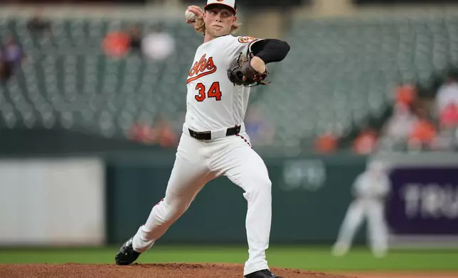 Baltimore Orioles starting pitcher Shane Baz (34) delivers during the first inning of a baseball game against the Tampa Bay Rays, Tuesday, May 26, 2026, in Baltimore. (AP Photo/Stephanie Scarbrough)
