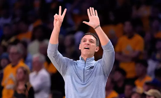 Oklahoma City Thunder head coach Mark Daigneault gestures during the second half of Game 4 in a second-round NBA basketball playoffs series against the Los Angeles Lakers, Monday, May 11, 2026, in Los Angeles. (AP Photo/Mark J. Terrill)