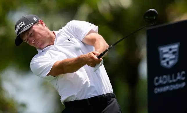 Jordan Spieth hits from the second tee during the third round of the Cadillac Championship PGA golf tournament Saturday, May 2, 2026, in Doral, Fla. (AP Photo/David J. Phillip)