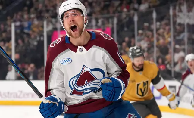 Colorado Avalanche center Jack Drury celebrates after scoring during the first period in Game 3 of the Western Conference finals NHL hockey Stanley Cup playoff series against the Vegas Golden Knights, Sunday, May 24, 2026, in Las Vegas. (AP Photo/Mark J. Terrill)