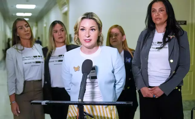 Victims of Jeffrey Epstein's abuse, from left, Marina Lacerda, Andrea Sterling, Dani Bensky, speaking, Liz Stein and Sharlene Rochard, before former Attorney General Pam Bondi arrives for her deposition at the Rayburn House Office Building on Capitol Hill, Friday, May 29, 2026, in Washington. (AP Photo/Manuel Ceneta)
