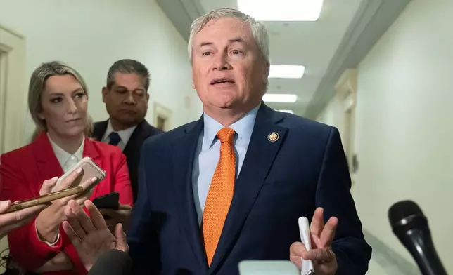 James Comer, R-Ky., House Oversight and Government Reform Committee Chairman, speaks to reporters before the start of the deposition of former Attorney General Pam Bondi at the Rayburn House Office Building on Capitol Hill, Friday, May 29, 2026, in Washington. (AP Photo/Manuel Ceneta)