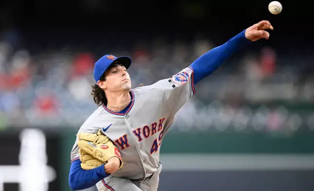 New York Mets pitcher Zach Thornton throws during the first inning of a baseball game against the Washington Nationals, Wednesday, May 20, 2026, in Washington. (AP Photo/Nick Wass)