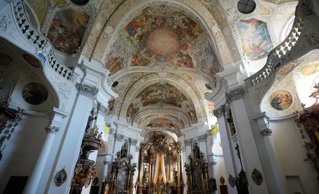 Inside view of the catholic monastery church of Banz in Bad Staffelstein, Germany, Saturday, May 2, 2026. (AP Photo/Matthias Schrader)