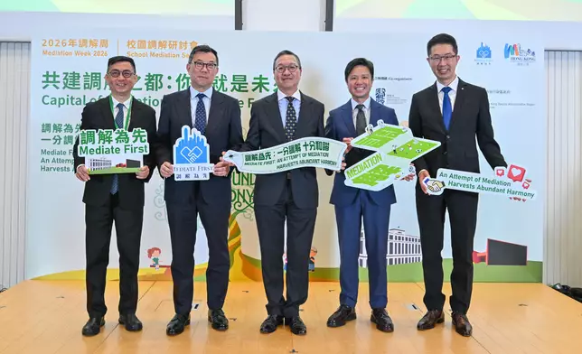 Mediation Week 2026, organised by the Department of Justice, was officially launched today (May 4). The opening of Mediation Week was marked by the thematic event: School Mediation Seminar this morning. Photo shows the Secretary for Justice, Mr Paul Lam, SC (centre), and the Law Officer (Civil Law), Mr Clifford Tavares (second right), with the representatives of the co-organisers. Source: HKSAR Government Press Releases