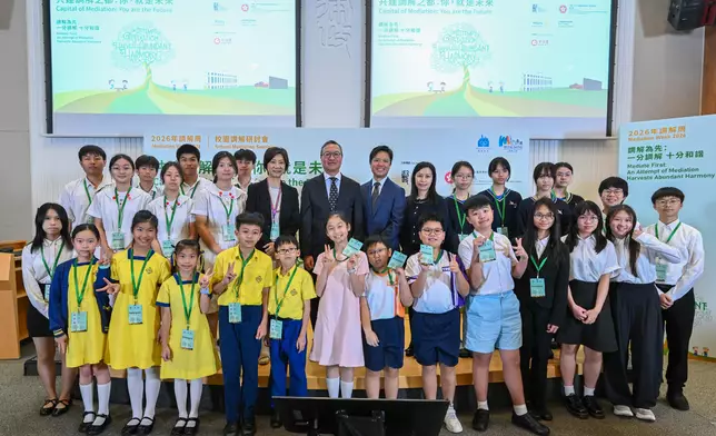 Mediation Week 2026, organised by the Department of Justice, was officially launched today (May 4). The opening of Mediation Week was marked by the thematic event: School Mediation Seminar this morning. Photo shows the Secretary for Justice, Mr Paul Lam, SC (back row, seventh right), and the Law Officer (Civil Law), Mr Clifford Tavares (back row, sixth right), with students representatives from 2025/26 Hong Kong Mediation Council Limited Peer Mediation Training. Source: HKSAR Government Press Releases