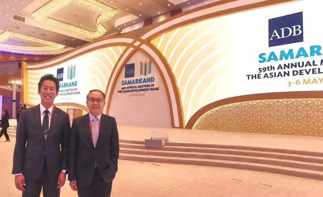 The Secretary for Financial Services and the Treasury, Mr Christopher Hui (right), attended the opening session of the 59th Annual Meeting of the Board of Governors of the Asian Development Bank in Samarkand, Uzbekistan, on May 4 (Samarkand time). Next to Mr Hui is the Director of the Hong Kong Economic and Trade Office in Berlin, Mr Indiana Wong (left). Source: HKSAR Government Press Releases