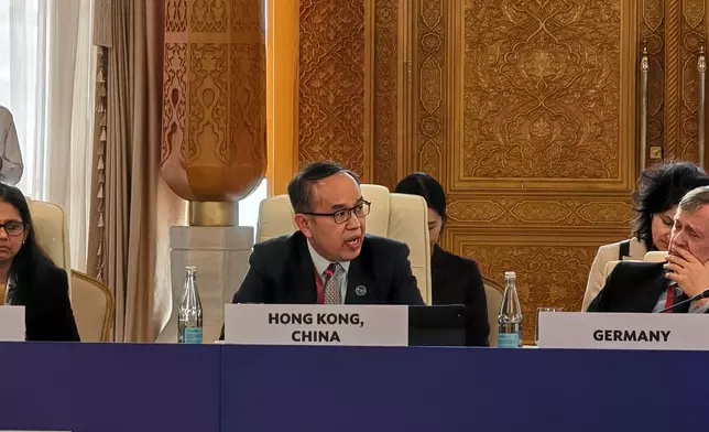 The Secretary for Financial Services and the Treasury, Mr Christopher Hui, attended the 59th Annual Meeting of the Board of Governors of the Asian Development Bank held in Samarkand, Uzbekistan, on May 4 (Samarkand time). Photo shows Mr Hui speaking at the Governors' Business Session. Source: HKSAR Government Press Releases