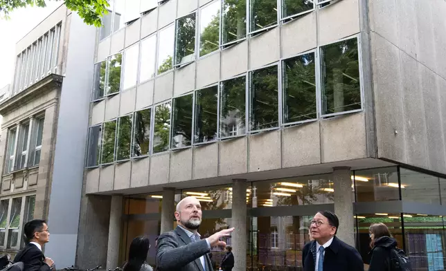​The Chief Secretary for Administration, Mr Chan Kwok-ki, led a delegation of the Working Group on Planning and Construction of the University Town under the Committee on Development of the Northern Metropolis to commence a visit to Germany yesterday (May 18, Aachen time). Photo shows Mr Chan (first right), and the delegation visiting RWTH Aachen University, and touring the facilities of the campus. Source: HKSAR Government Press Releases